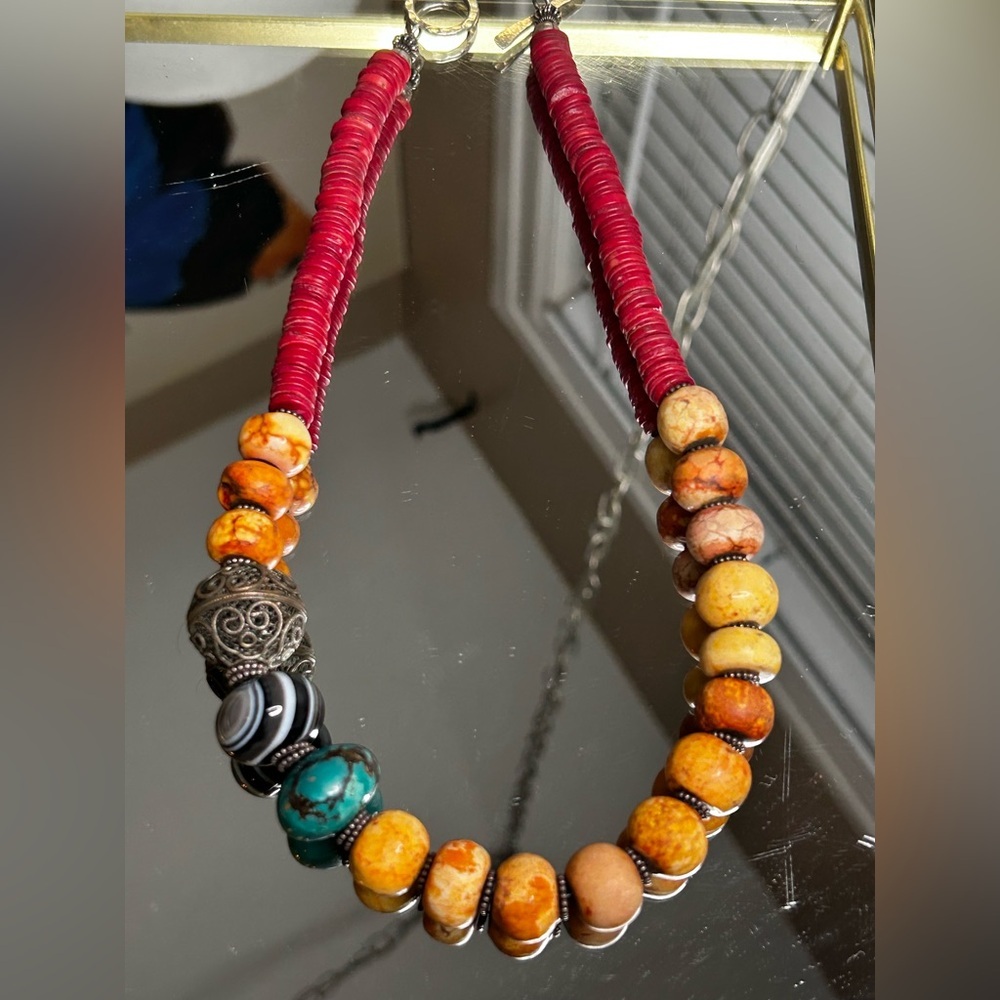 Handmade African beaded tribal choker necklace silver chunky onyx turquoise - Picture 7 of 16